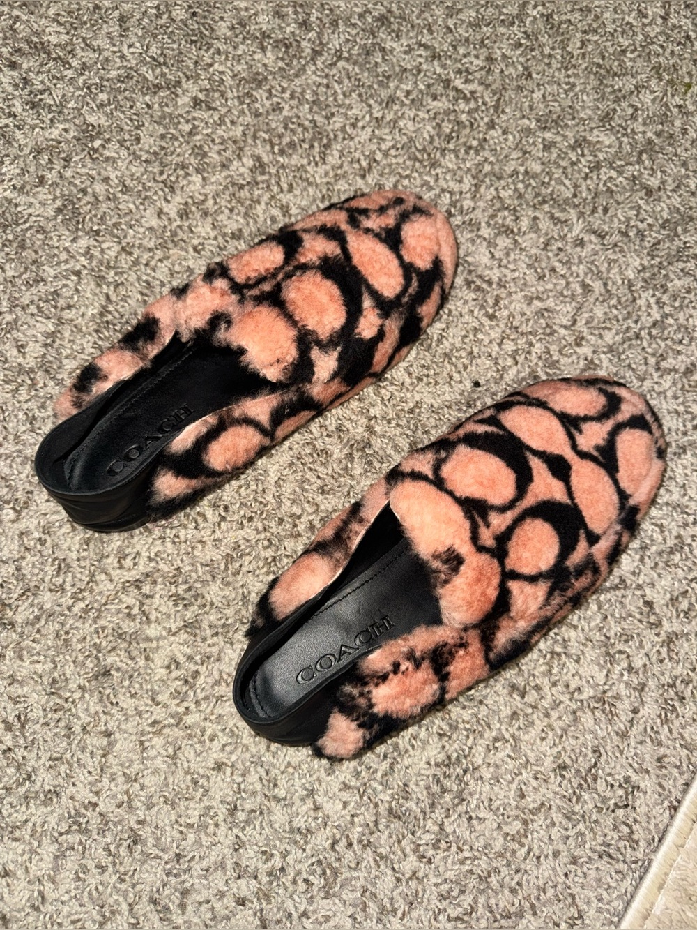 Coach Women's Fuzzy Slip-On Mules in Peach and Black Signature Print